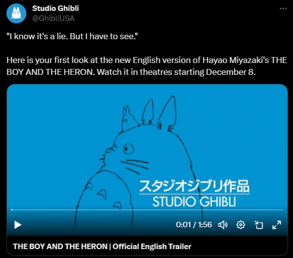 Ghibli USA tweet announcing The Boy and the Heron release